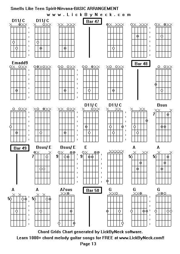 Chord Grids Chart of chord melody fingerstyle guitar song-Smells Like Teen Spirit-Nirvana-BASIC ARRANGEMENT,generated by LickByNeck software.